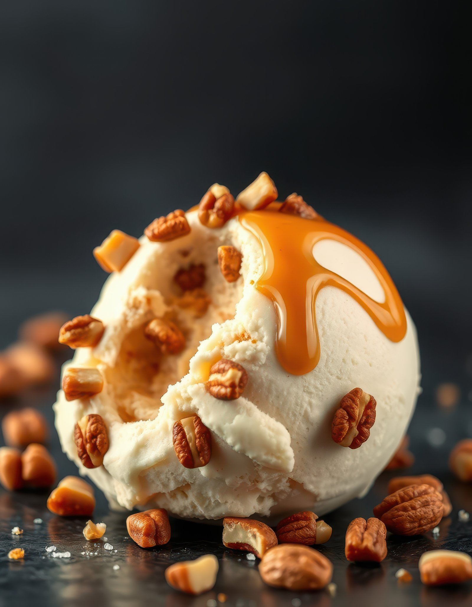 Delicious ice cream scoop topped with caramel drizzle and surrounded by pecan pieces on dark background